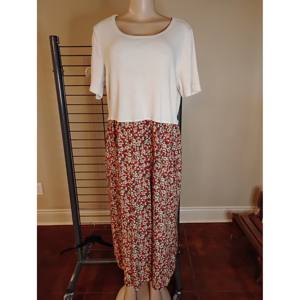 Bobbie Brooks Woman 22W‎ Floral Ribbed Layered Look Dress Red Cream Daisy